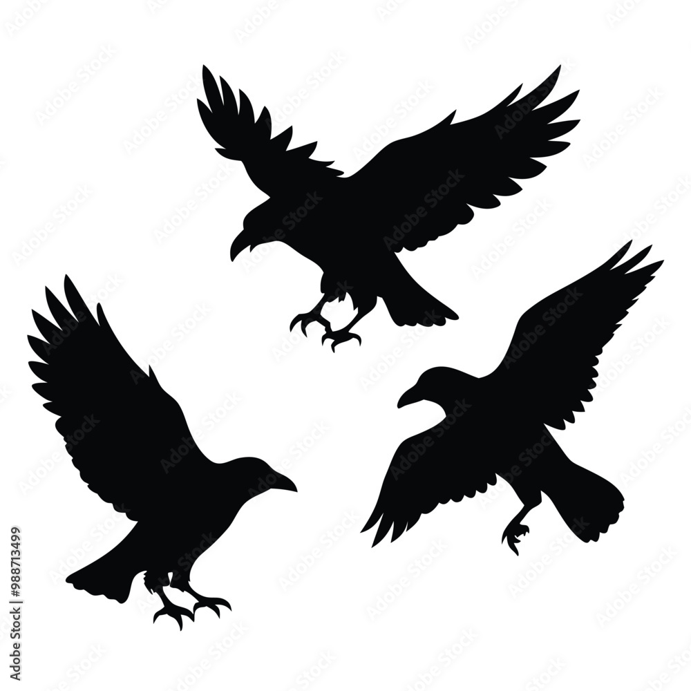 Fototapeta premium black silhouette of three crows. The crows are facing each other and appear to be in mid-flight. vector silhouette,