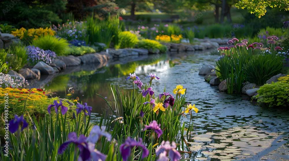 Serene Garden Pond with Blooming Irises and Water Lilies Serene Garden Pond with Blooming Irises and Water Lilies