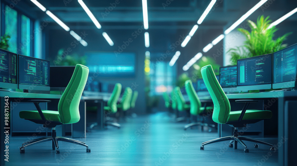 Futuristic tech office space with green chairs, multiple computer screens, and indoor plants. Coding workspace, modern design, technology environment, professional workstations, innovation hub. Futuristic tech office space with green chairs, multiple computer screens, and indoor plants. Coding workspace, modern design, technology environment, professional workstations, innovation hub.