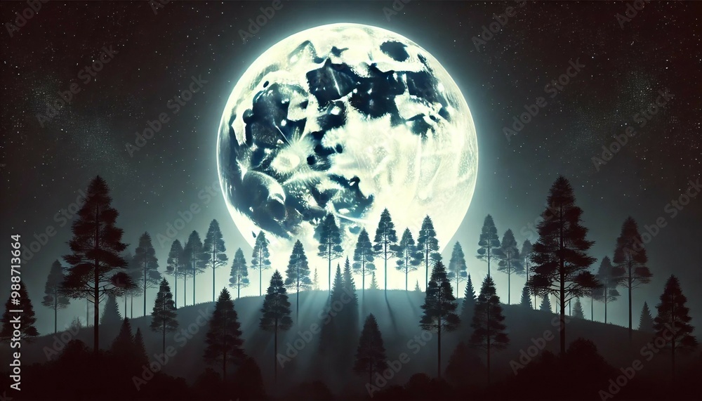 Fototapeta premium Full Moon Glowing Over Tree Silhouettes at Night