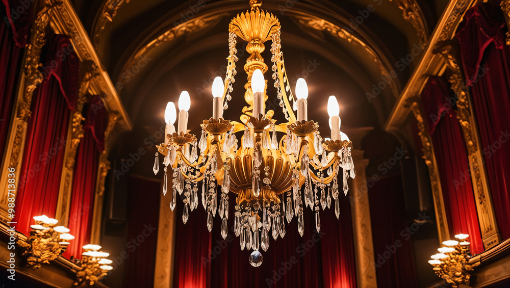 Obraz premium A close-up of a ornate chandelier hanging in a dimly lit theater