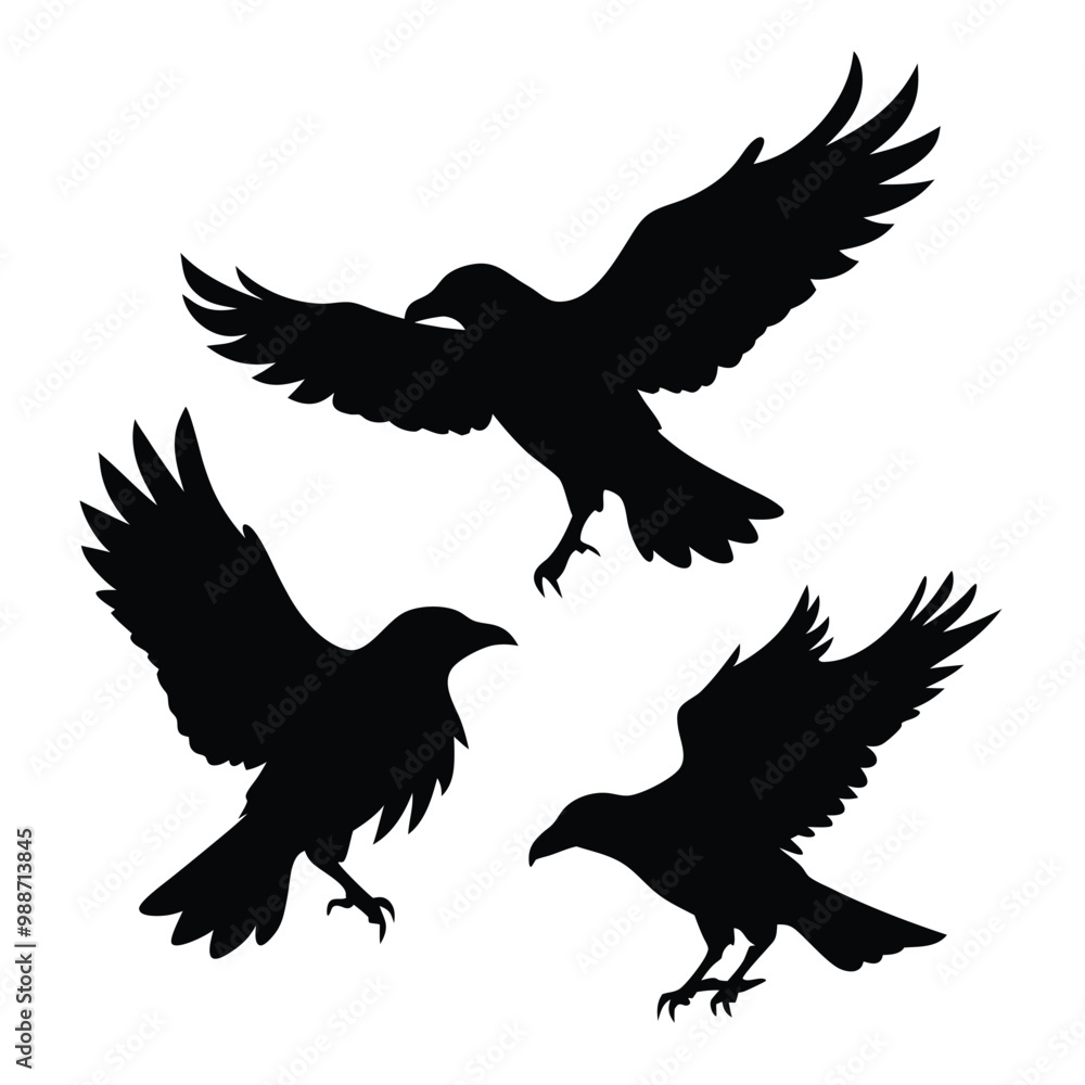 Obraz premium black silhouette of three crows. The crows are facing each other and appear to be in mid-flight. vector silhouette,