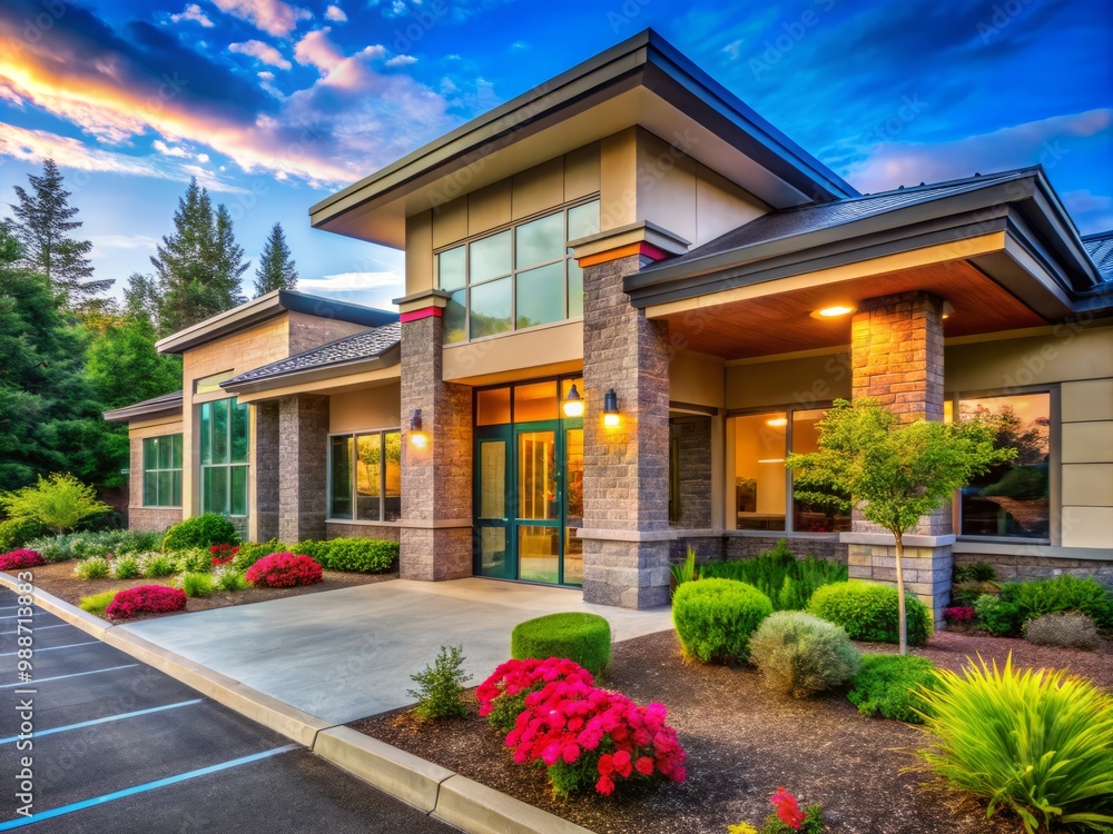 Fototapeta premium A contemporary medical and dental office in Beaverton featuring colorful landscaping and an inviting entrance that