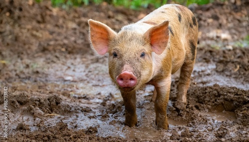 A young piglet stands in muddy field, looking ahead.