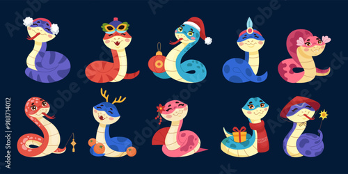 2025 New Year. Snake cartoon character. Cute Chinese animal. Reptile funny icon. Happy viper. Zodiac logo. Asian mascot. Horoscope tradition celebration. Xmas hat. Vector cartoon tidy serpents set