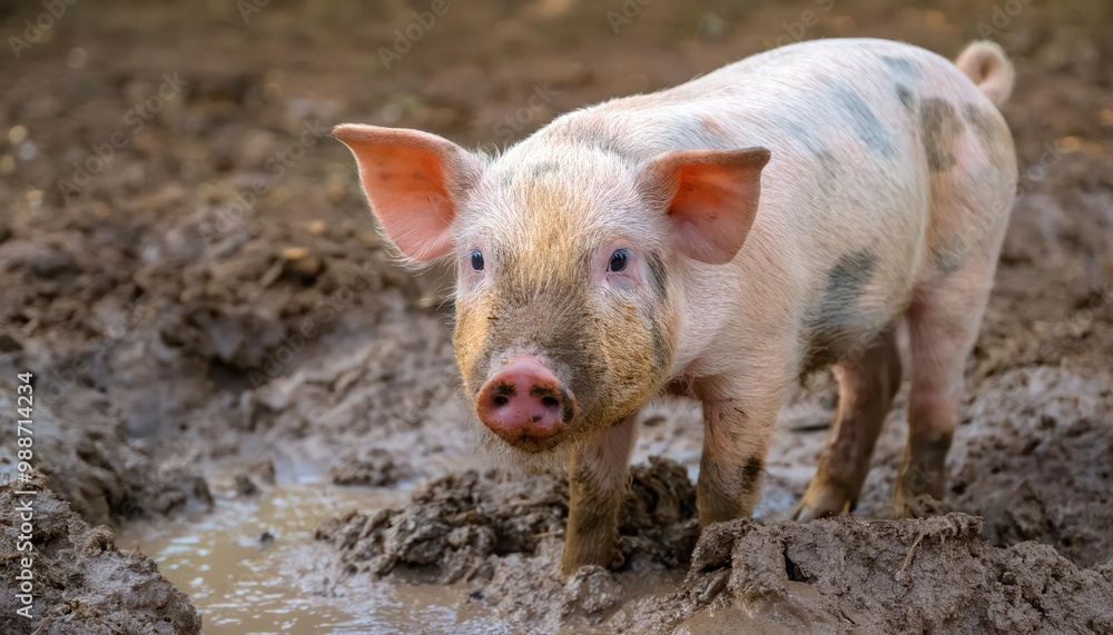 A pink piglet stands in a muddy puddle, looking at the camera. A pink piglet stands in a muddy puddle, looking at the camera.