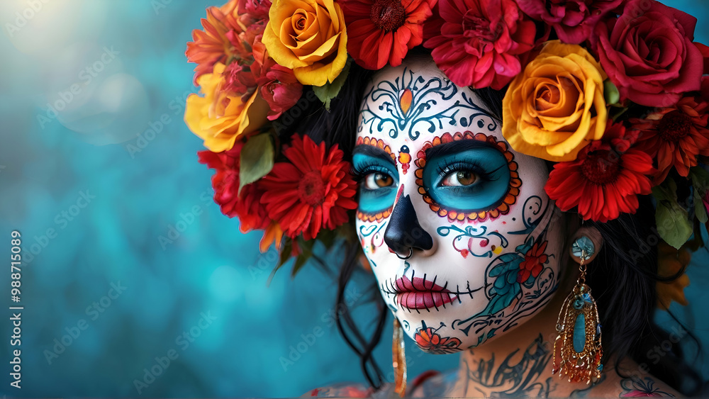 Vibrant Day of the Dead Woman with Face Tattoos Celebrating Mexican Festival Vibrant Day of the Dead Woman with Face Tattoos Celebrating Mexican Festival