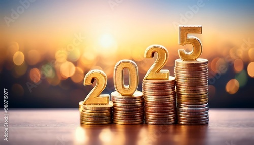 year atop stack coins representing financial planning including budget tax investment new year