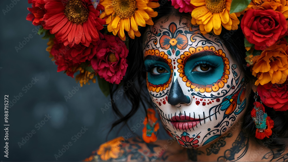 Vibrant Day of the Dead Woman with Face Tattoos Celebrating Mexican Festival Vibrant Day of the Dead Woman with Face Tattoos Celebrating Mexican Festival