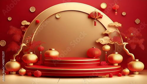 rendering podium chinese new year festival themes featuring red gold asian elements