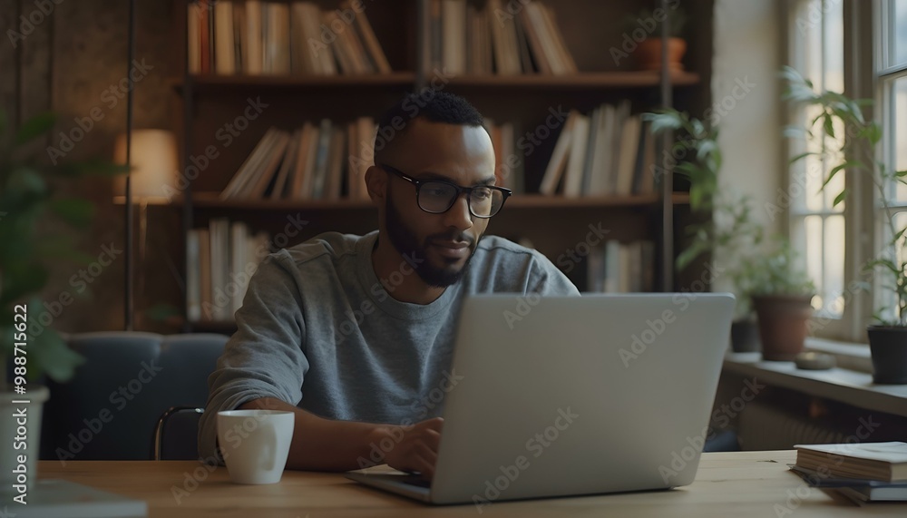 A Black man sitting at a desk, working remotely on a laptop, surrounded by modern office decor, with a focused expression as he engages in a video call or types notes