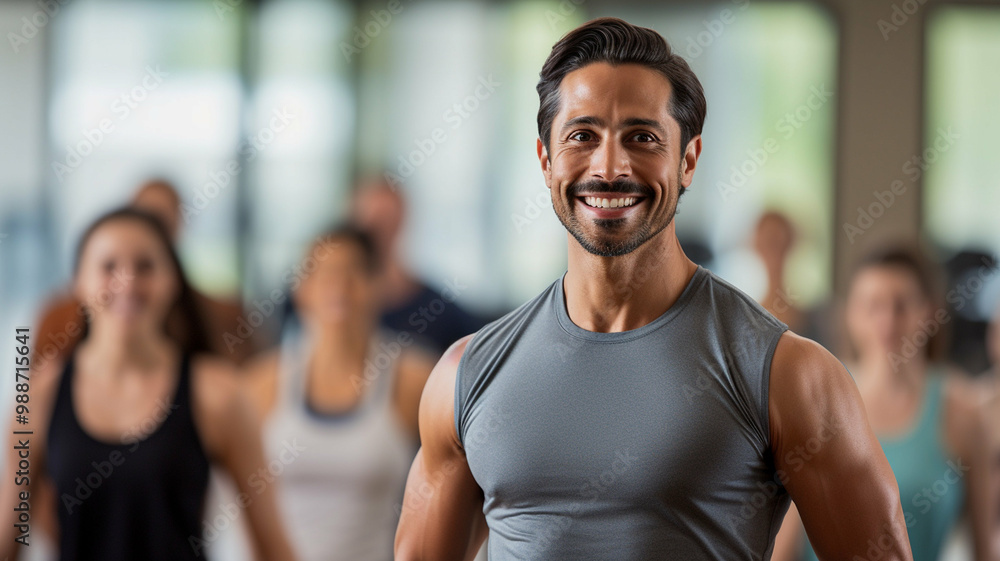 confident and smiling fitness instructor stands in front of a group workout class, radiating positivity and motivation. Perfect for fitness, health, and active lifestyle themes. confident and smiling fitness instructor stands in front of a group workout class, radiating positivity and motivation. Perfect for fitness, health, and active lifestyle themes.