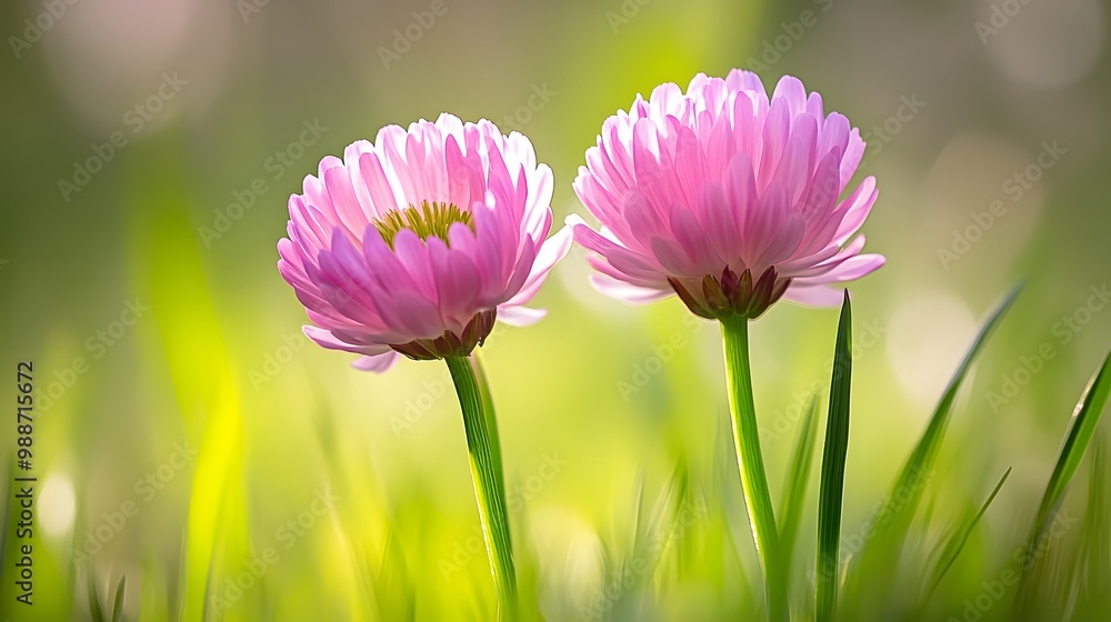 Pink Flowers in Green Grass Field Nature Spring Blossom Pink Flowers in Green Grass Field Nature Spring Blossom