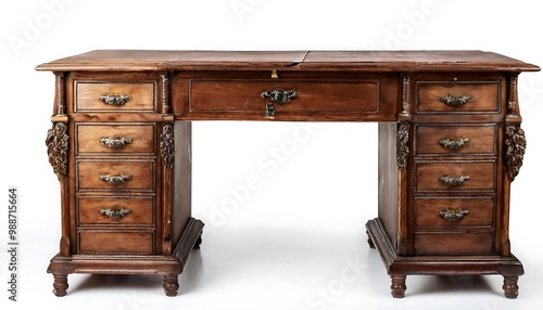 old antique wooden writing desk white background