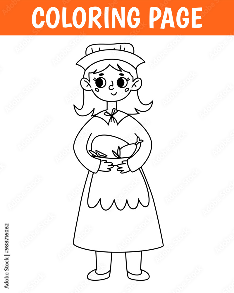 Thanksgiving coloring page, cute print with line pilgrim. Printable worksheet with solution for school and preschool. Vector cartoon illustration. Thanksgiving coloring page, cute print with line pilgrim. Printable worksheet with solution for school and preschool. Vector cartoon illustration.