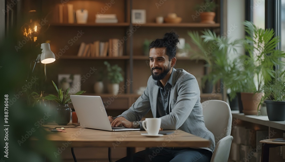 A Black man sitting at a desk, working remotely on a laptop, surrounded by modern office decor, with a focused expression as he engages in a video call or types notes A Black man sitting at a desk, working remotely on a laptop, surrounded by modern office decor, with a focused expression as he engages in a video call or types notes