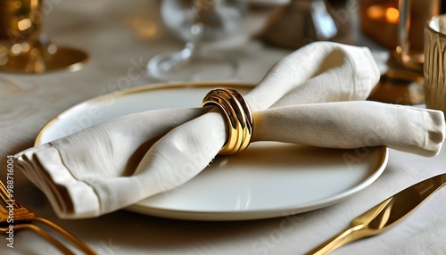 Elegant gold napkin ring with twisted design showcasing a beige linen napkin photo