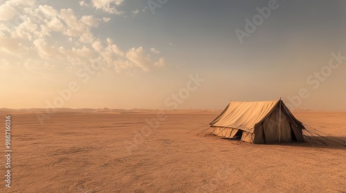 A solitary Bedouin tent in the Saudi Arabian desert, surrounded by vast stretches of sand