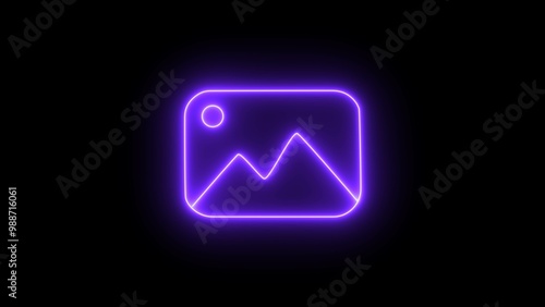 Neon purple image icon, photo frame icon isolated on black background. Neon line Photo frame icon.