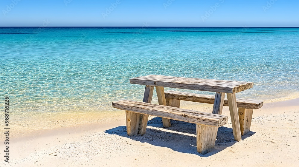 Wooden Bench on a Beach with Blue Water Wooden Bench on a Beach with Blue Water