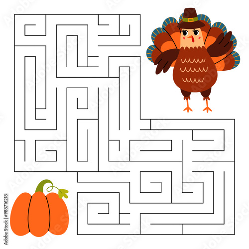 Thanksgiving maze game for kids. Turkey looking for a way to the pumpkin. Printable worksheet with solution for school and preschool. Vector cartoon illustration.