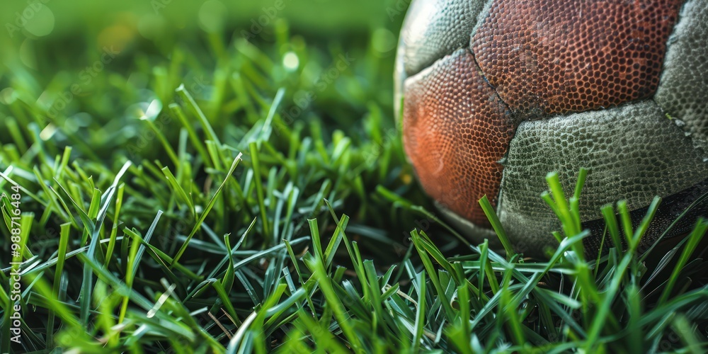 A detailed close-up of a football on lush green grass, with the texture of the ball and blades of grass clearly visible A detailed close-up of a football on lush green grass, with the texture of the ball and blades of grass clearly visible