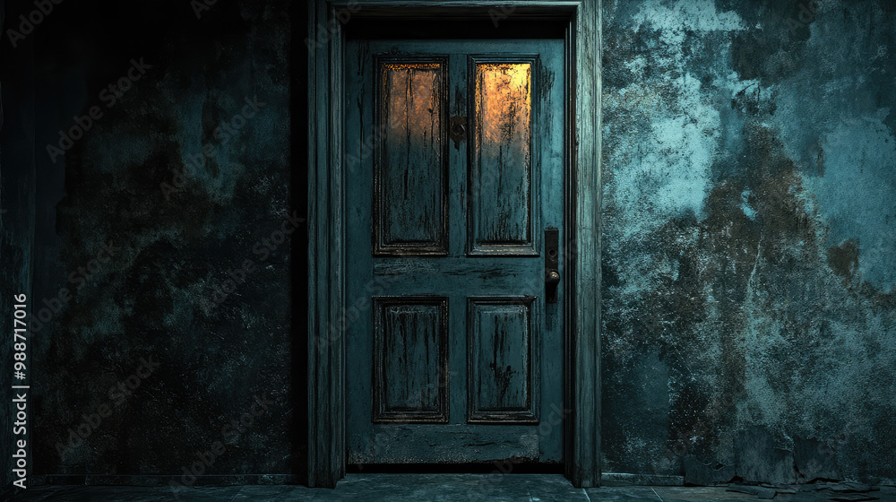 A close-up of a creepy haunted house door, slightly ajar with eerie light seeping through the cracks. A close-up of a creepy haunted house door, slightly ajar with eerie light seeping through the cracks.