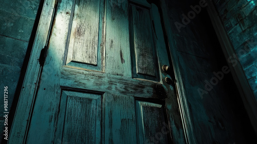 A close-up of the haunted house door, its old wood creaking open just enough to let a ghostly light seep through, casting unsettling shadows on the ground. photo