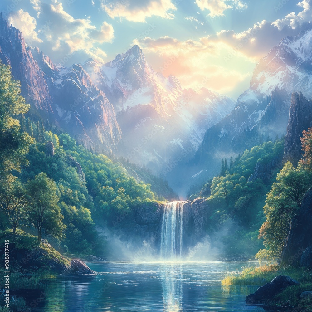 Fototapeta premium A Majestic Waterfall Cascading into a Tranquil Mountain Lake