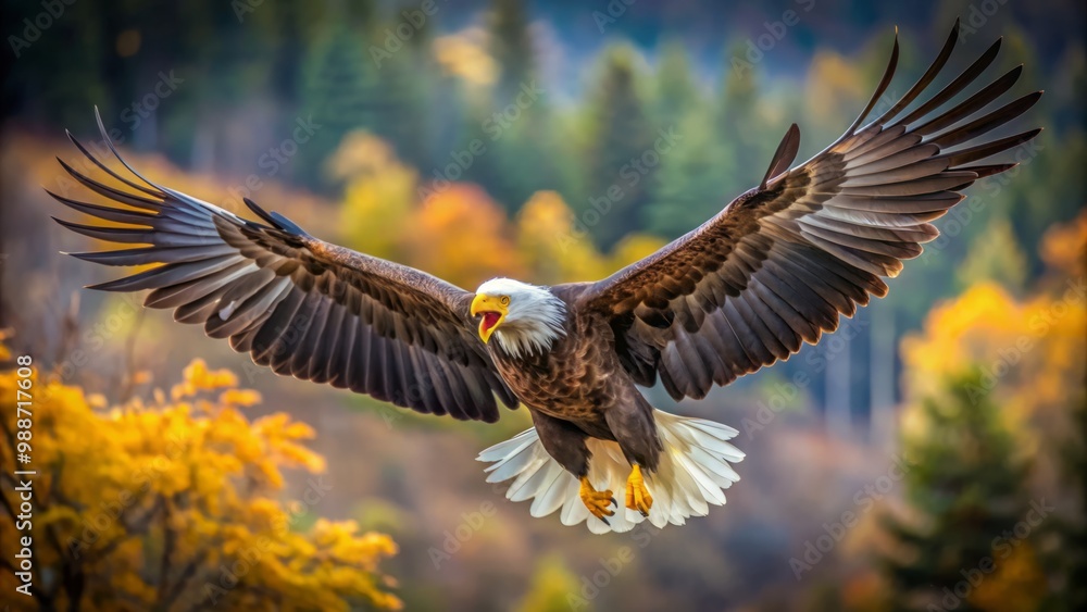 Obraz premium A majestic eagle soars gracefully in the sky, wings outstretched wide against a vibrant blue backdrop, embodying