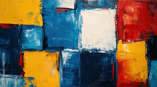 Vibrant abstract artwork with bold colors and dynamic brushstrokes creating an energetic visual experience in a modern setting