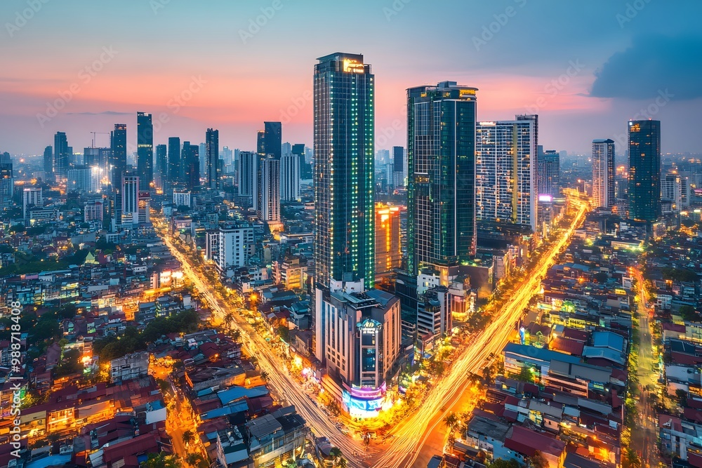 Aerial View of Cityscape at Sunset with Skyscrapers and Traffic Lights Aerial View of Cityscape at Sunset with Skyscrapers and Traffic Lights