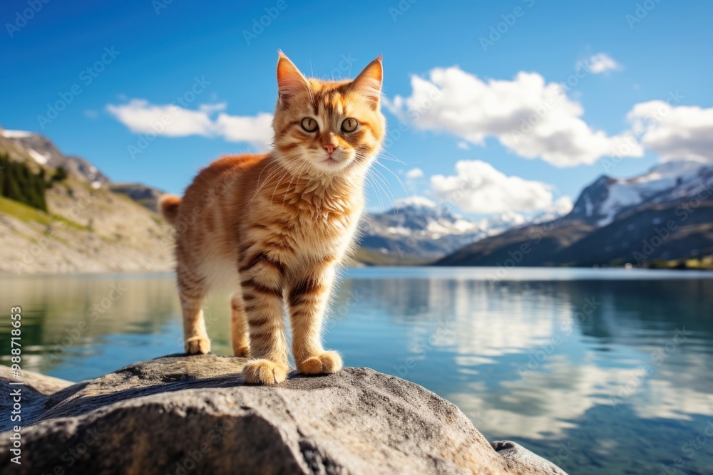 Obraz premium Cat standing on a rock landscape mountain outdoors.