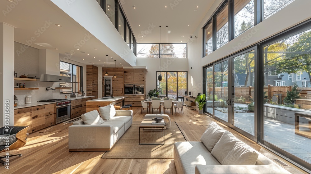 Fototapeta premium Modern open-concept living space featuring large windows and warm wooden accents in a sunny residential area. Generative AI