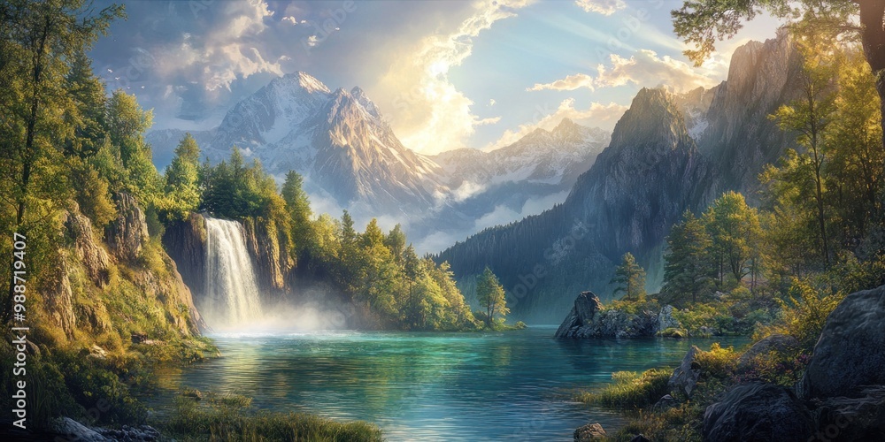 Fototapeta premium A Serene Mountain Lake with a Cascading Waterfall and Lush Forest