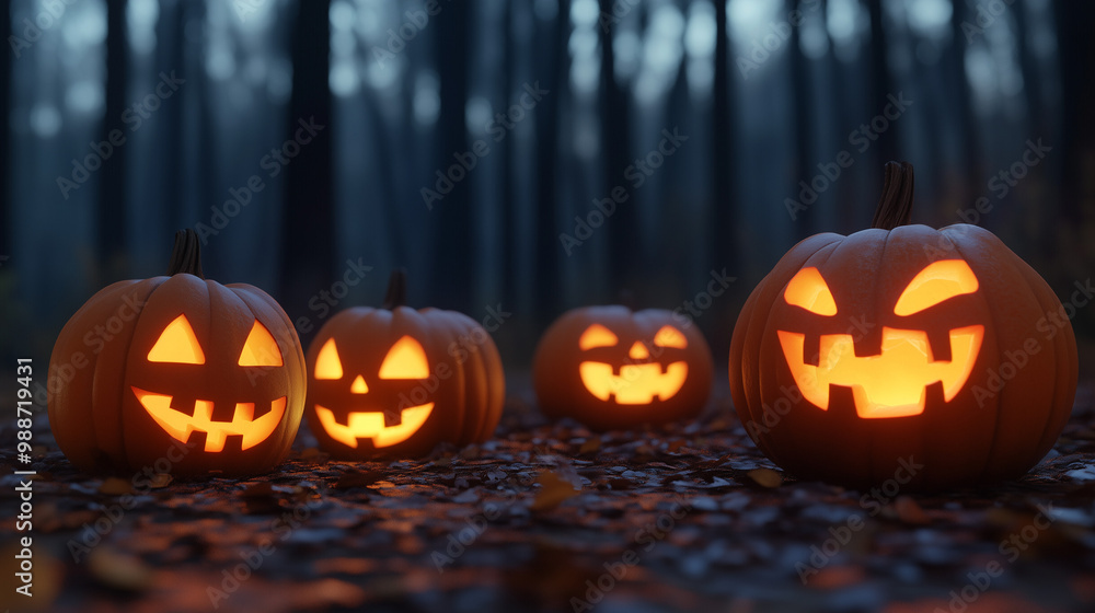 Carved pumpkins on ground, dark forest backdrop. Halloween night with spooky mood, lit by jack-o'-lanterns. Carved pumpkins on ground, dark forest backdrop. Halloween night with spooky mood, lit by jack-o'-lanterns.