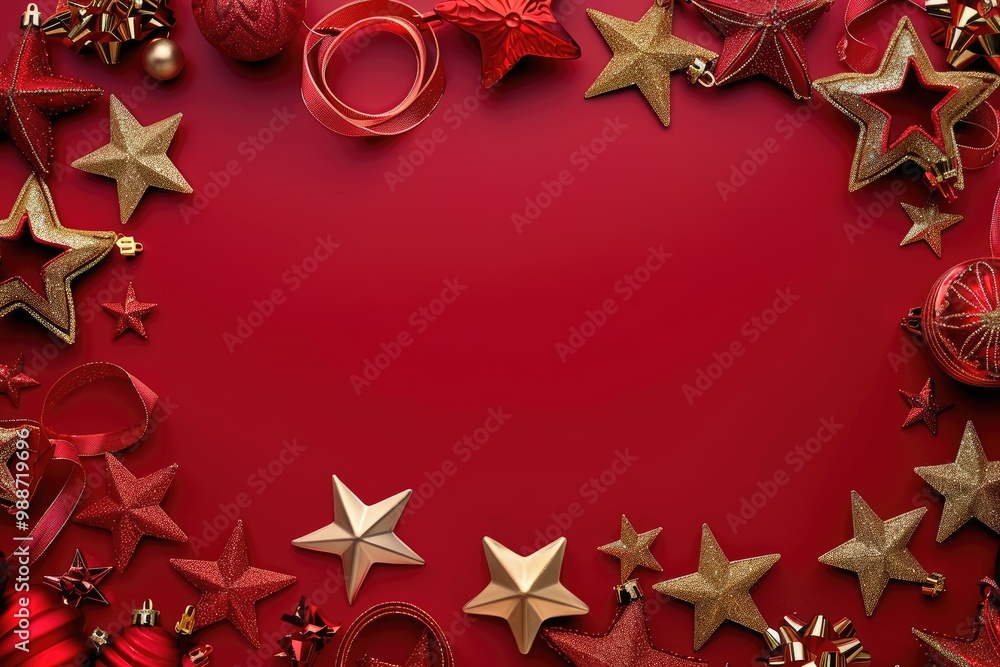 Red and Gold Christmas Ornament Border on a Red Background Red and Gold Christmas Ornament Border on a Red Background