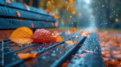 Raindrops dance on autumn leaves resting on a weathered park bench during a serene midday stroll. Generative AI photo