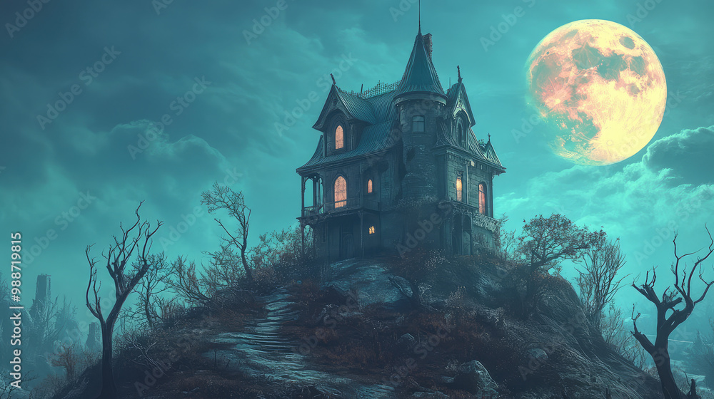 Perched on a desolate hill, the haunted house is encircled by twisted, barren trees and a looming, ominous moon. Perched on a desolate hill, the haunted house is encircled by twisted, barren trees and a looming, ominous moon.