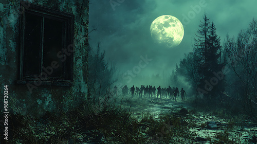 A group of zombies are walking through a forest at night