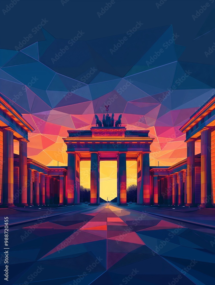 Obraz premium Illustration of Brandenburg Gate at Night from Berlin, Germany Travel Poster in Colorful Flat Digital Art Style