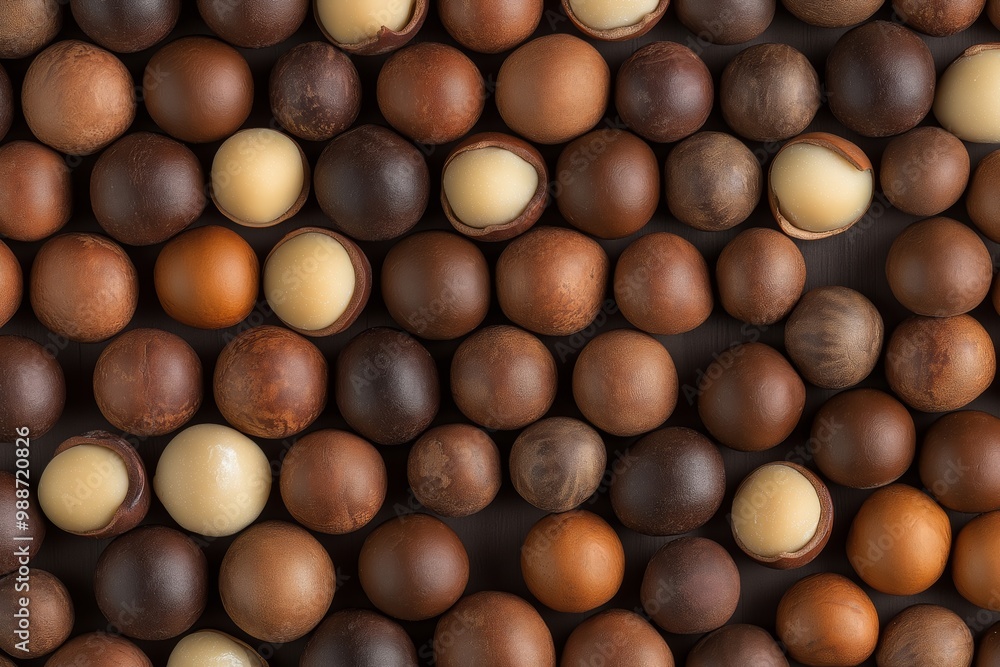 Flat lay photography showcasing a textured background of macadamia nuts from a top view perspective Flat lay photography showcasing a textured background of macadamia nuts from a top view perspective