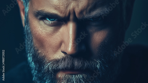 Intense close-up portrait of a bearded man with a serious expression