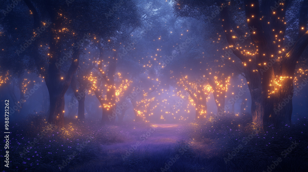Naklejka premium Czarujący las nocą, gdzie miękkie, świecące światła otaczają roślinność, tworząc iluzję bajkowego miejsca.
