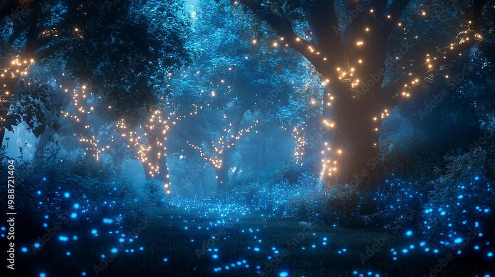 Fototapeta premium Czarujący las nocą, gdzie miękkie, świecące światła otaczają roślinność, tworząc iluzję bajkowego miejsca.