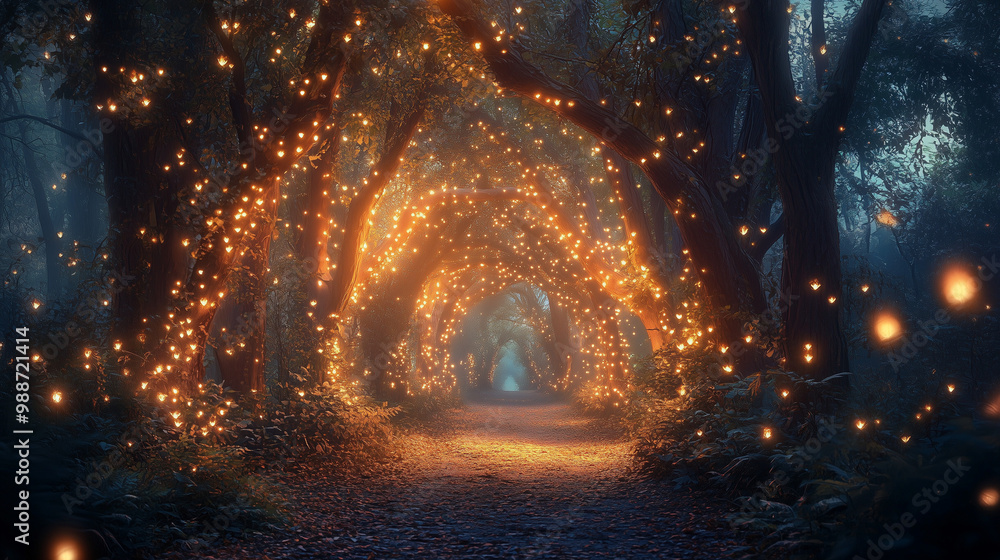 Fototapeta premium Czarujący las nocą, gdzie miękkie, świecące światła otaczają roślinność, tworząc iluzję bajkowego miejsca.