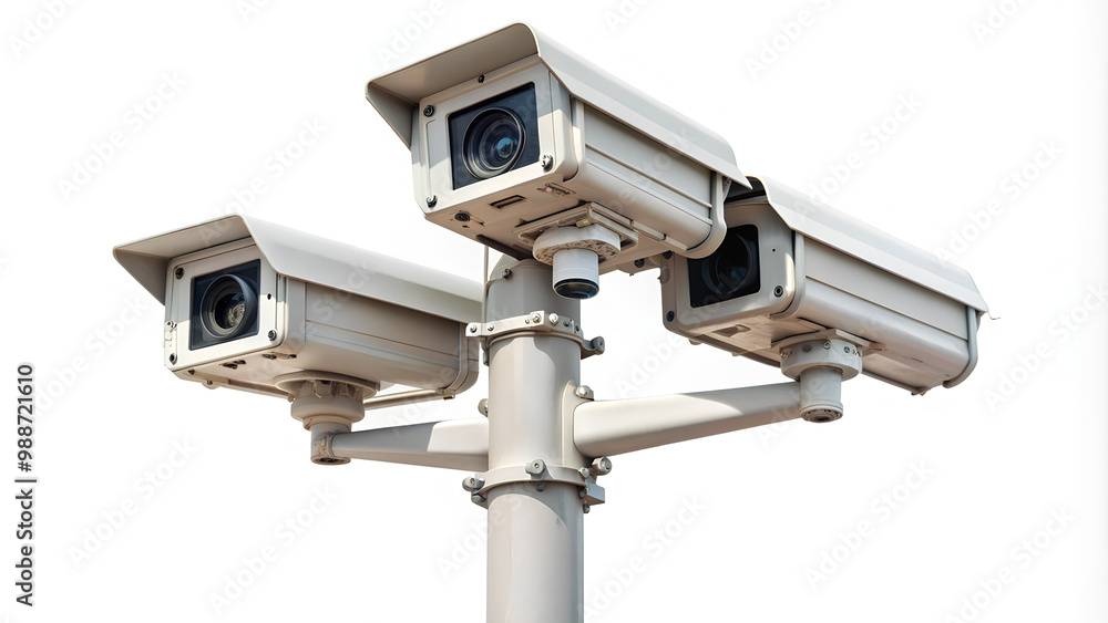 3-way CCTV on high pole isolated on white background 3-way CCTV on high pole isolated on white background