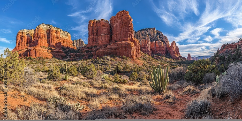 Red rocks, desert plants, and a blue sky.