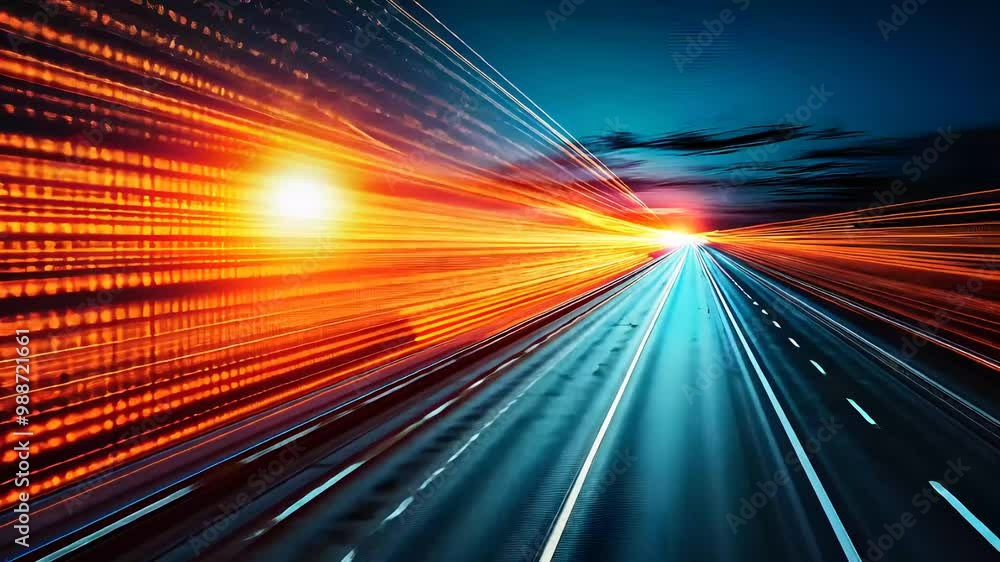 Speeding lights on a highway at sunset, representing fast-paced movement, futuristic transportation, and technological advancement.
Speeding lights on a highway at sunset, representing fast-paced movement, futuristic transportation, and technological advancement.