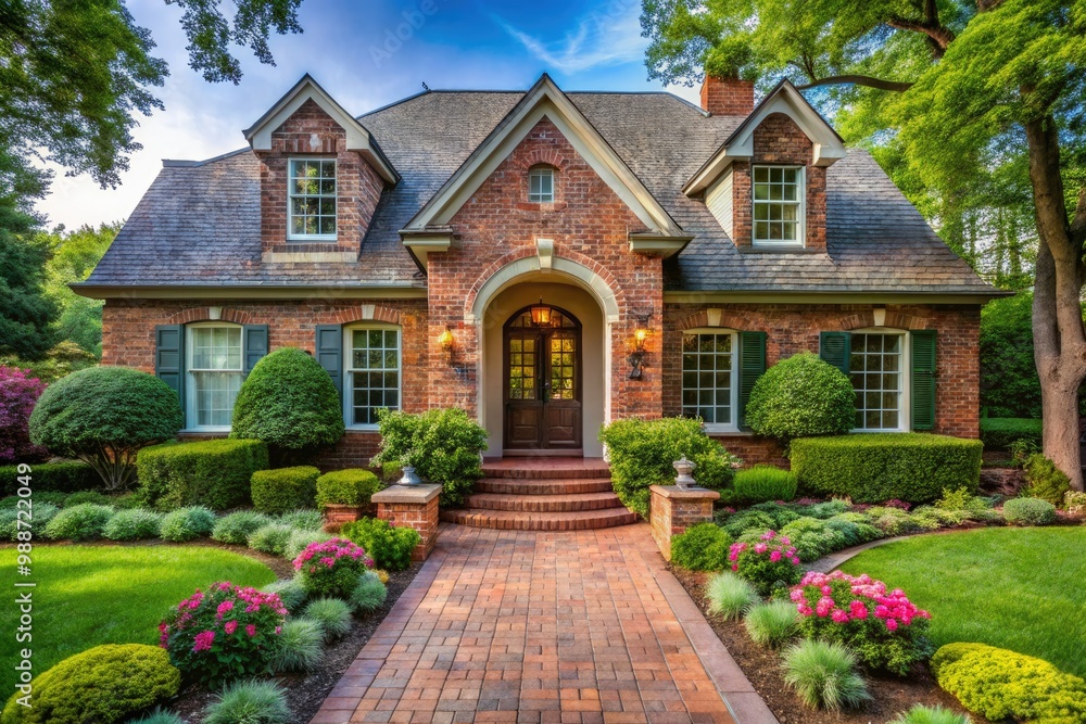 A charming traditional home features an inviting arched front door, complemented by brick walkways and lush landscaping that creates a warm and welcoming atmosphere. A charming traditional home features an inviting arched front door, complemented by brick walkways and lush landscaping that creates a warm and welcoming atmosphere.